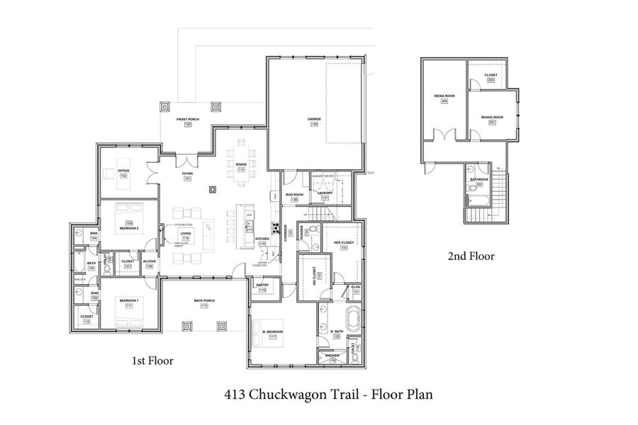 This floor plan features a spacious open-concept layout with three bedrooms and two bathrooms on the first floor, including a master suite with a large closet. The living area connects to a kitchen and dining space. Upstairs, there is a media room, 4th bedroom, and an additional bathroom. The home also includes a front porch, back porch, and a two-car garage.