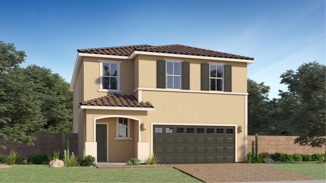 Front exterior of a new home in Ventana Ranch, Buckeye, AZ, highlighting curb appeal (Image 1). Front exterior of a new home in Ventana Ranch, Buckeye, AZ, highlighting curb appeal (Image 1).