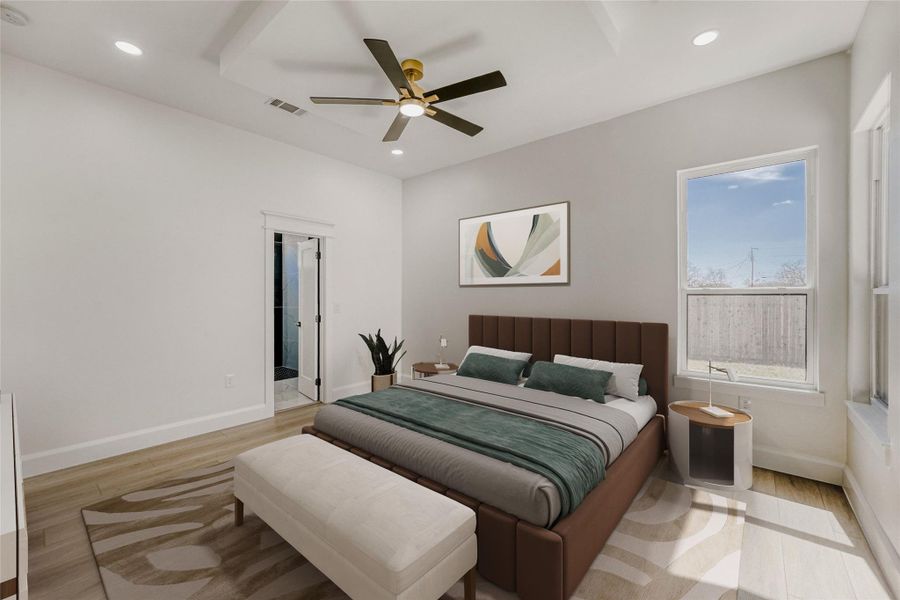 The main floor primary suite is a secluded retreat ideal for rest and relaxation with peaceful backyard views. (virtually staged photo)