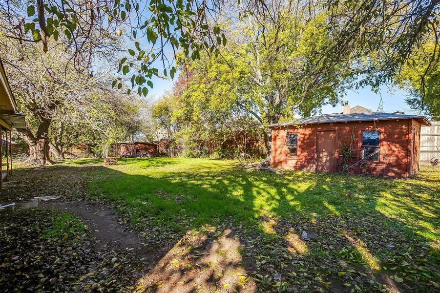 Storage building in backyard.