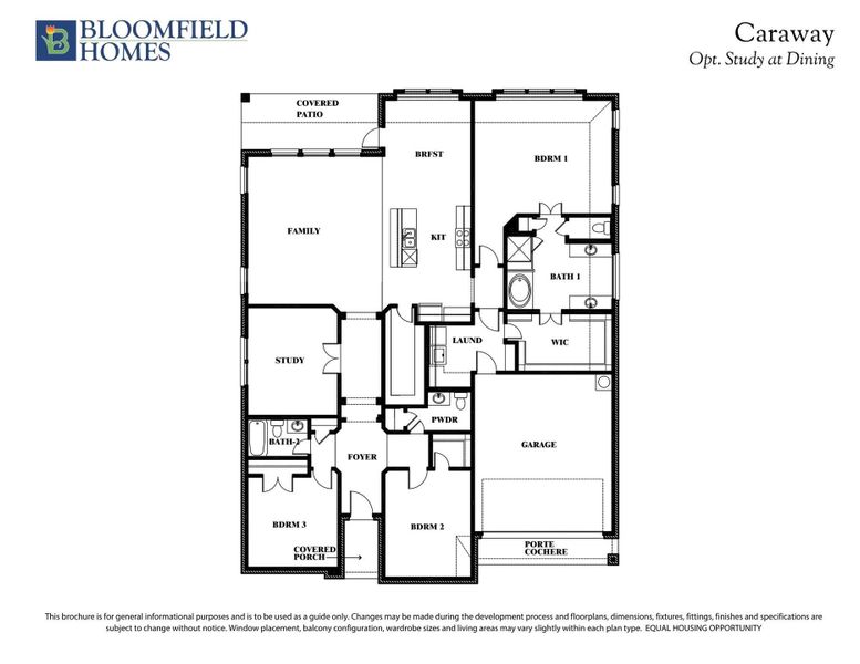 Bloomfield Homes Caraway floor plan with three bedrooms, study, family room, kitchen, and porte cochere garage layout. Bloomfield Homes Caraway floor plan with three bedrooms, study, family room, kitchen, and porte cochere garage layout.