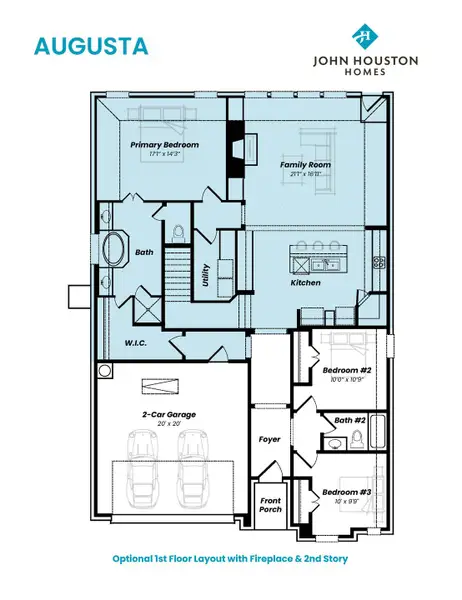 2D floor plan layout for the Augusta by John Houston Homes in Bridgewater, Midlothian, TX (Image 3).