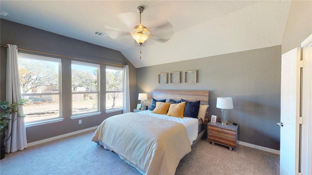 Carpeted bedroom featuring lofted ceiling and ceiling fan Carpeted bedroom featuring lofted ceiling and ceiling fan