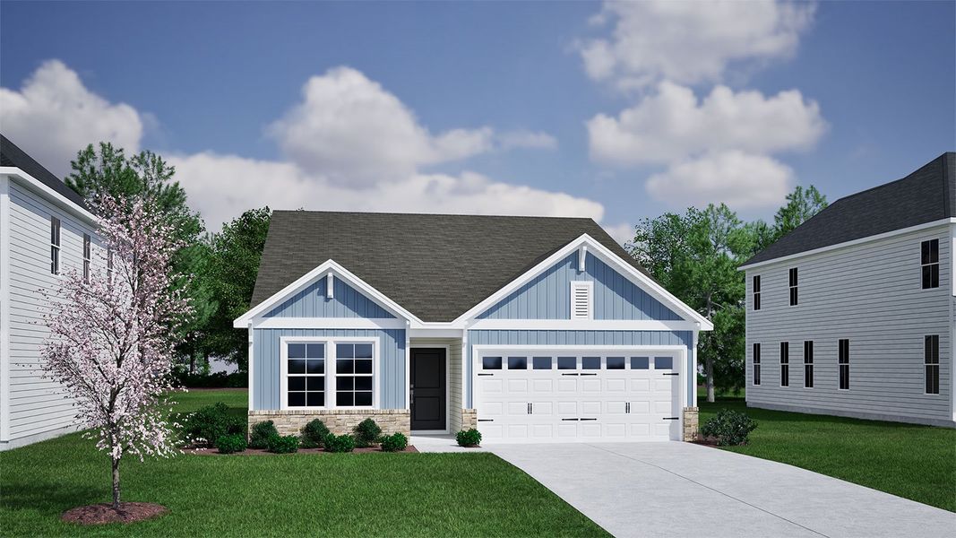Representative exterior photo of a completed home built from the Lawrence - Genesis Value Collection by Mungo Homes in Fairway Woods at Wyboo, Manning, SC (Image 24).