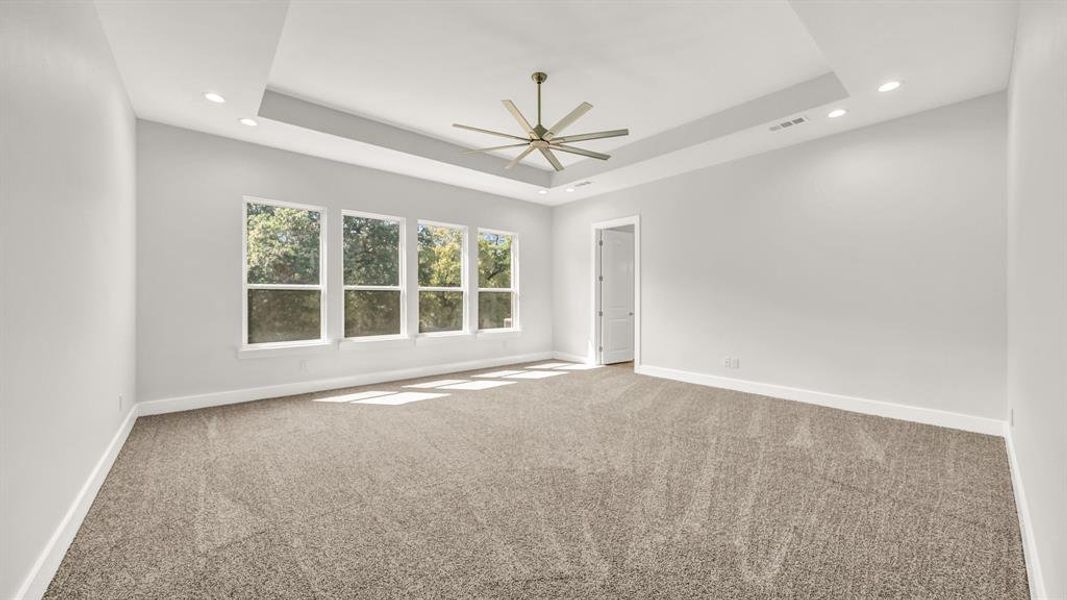 Carpeted spare room featuring ceiling fan and a tray ceiling