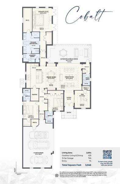 2D floor plan layout for the Cobalt by Lee Wetherington Homes in Wild Blue at Waterside, Lakewood Ranch, FL (Image 3).