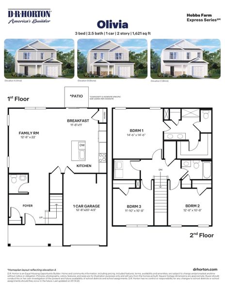 2D floor plan layout for the Olivia - Express by D.R. Horton in Hobbs Farm, Ayden, NC (Image 3).