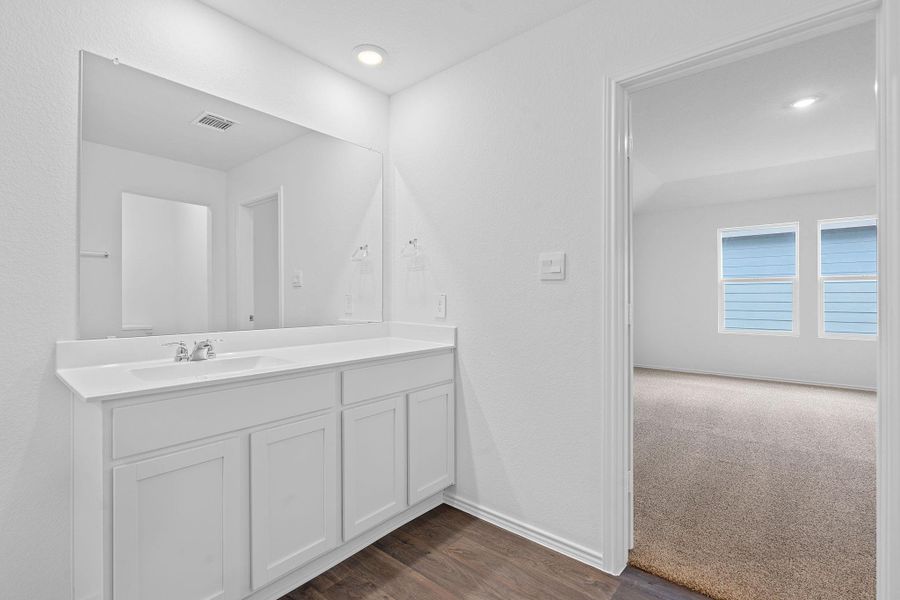 Bathroom featuring vanity, dark wood finished floors, and recessed lighting Bathroom featuring vanity, dark wood finished floors, and recessed lighting