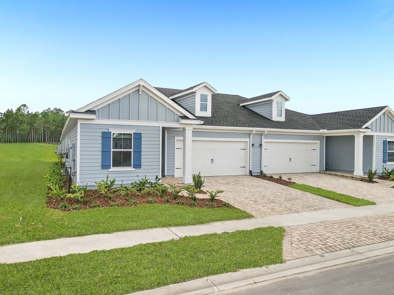 Front exterior of a new home in Silver Meadows at SilverLeaf: Silver Meadows Villas, St. Augustine, FL, highlighting curb appeal (Image 1). Front exterior of a new home in Silver Meadows at SilverLeaf: Silver Meadows Villas, St. Augustine, FL, highlighting curb appeal (Image 1).