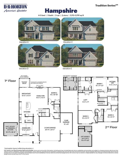 2D floor plan layout for the HAMPSHIRE by D.R. Horton in The Manors at Winston Pointe, Clayton, NC (Image 3).