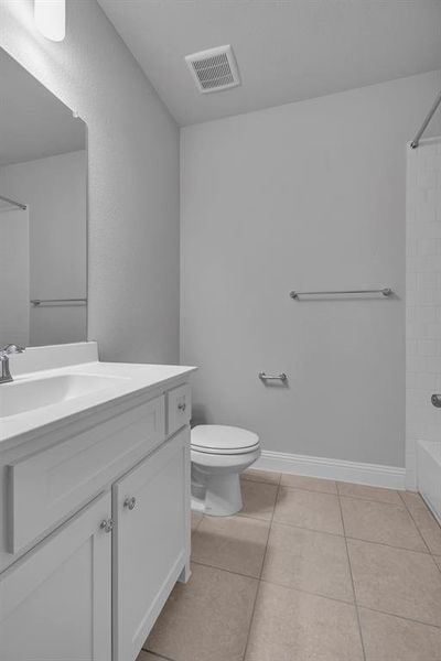 Full bathroom with vanity, toilet, shower / bathtub combination, and tile patterned flooring