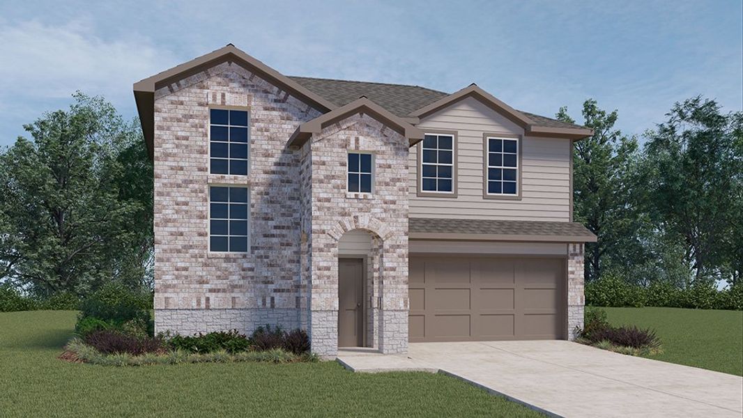 Representative exterior photo of a completed home built from the The Kendall by D.R. Horton in Overlook West, Wolfforth, TX (Image 14).