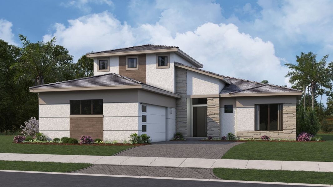 Representative exterior photo of a completed home built from the Rebecca by Kolter Homes in Esprit at Avenir, Palm Beach Gardens, FL (Image 27). Representative exterior photo of a completed home built from the Rebecca by Kolter Homes in Esprit at Avenir, Palm Beach Gardens, FL (Image 27).