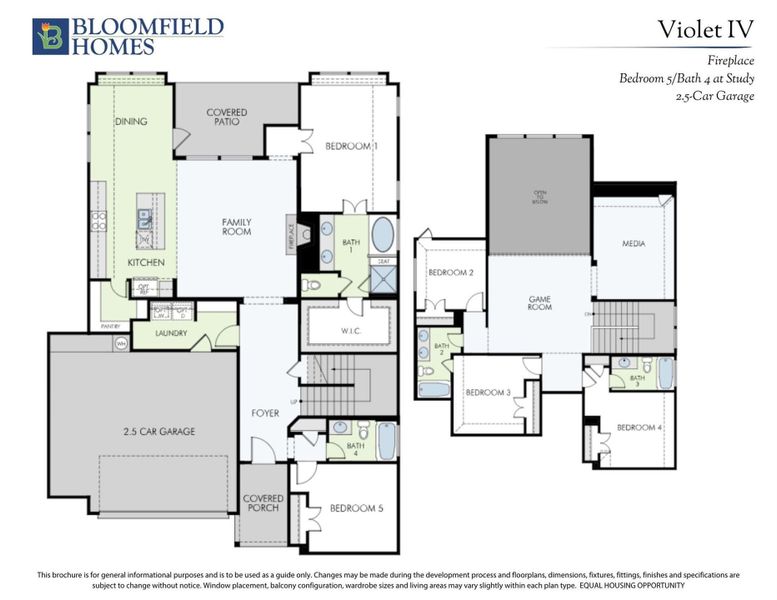 Bloomfield Homes Violet IV floor plan showing 5 bedrooms, 4 bathrooms, game room, and 2.5-car garage layout. Bloomfield Homes Violet IV floor plan showing 5 bedrooms, 4 bathrooms, game room, and 2.5-car garage layout.