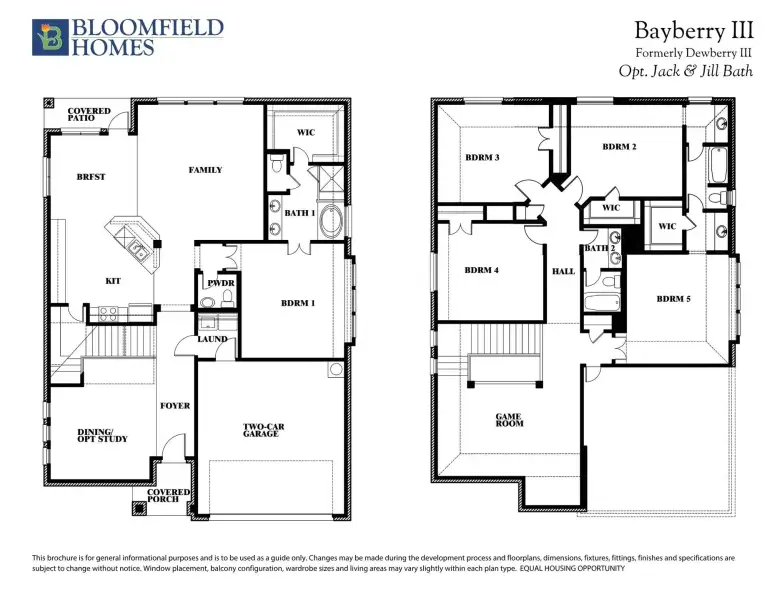 Bloomfield Homes Bayberry III two-story floor plan with five bedrooms, game room, and two-car garage on both floors.