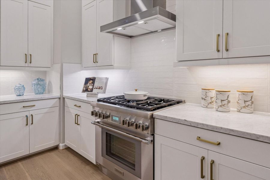 Stainless steel vent hood and porcelain backsplash.