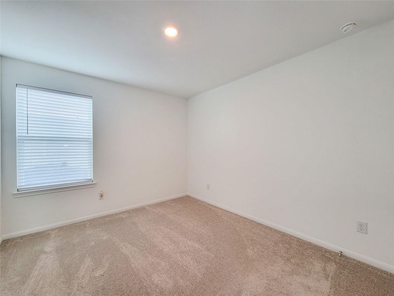 Bright, empty room with neutral carpet and white walls. A single window with blinds offers natural light, and there's a ceiling light fixture. Ideal as a bedroom or office space.