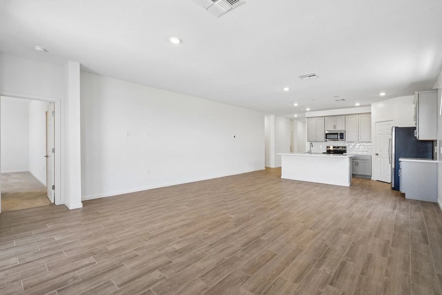 Great room, dining and kitchen