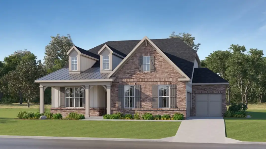 Front exterior of a new home in Riverbend North, Bonaire, GA, highlighting curb appeal (Image 1).