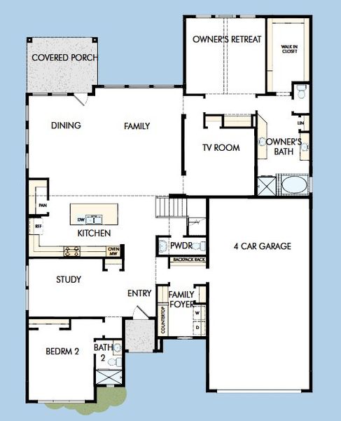 2D floor plan layout for the The Broomfield by David Weekley Homes in Northshore at Lakewood Village - Garden Series, Lakewood Village, TX (Image 4). 2D floor plan layout for the The Broomfield by David Weekley Homes in Northshore at Lakewood Village - Garden Series, Lakewood Village, TX (Image 4).