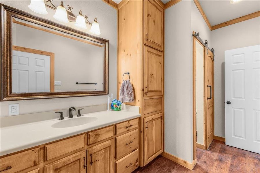 Bathroom featuring vanity, ornamental molding, and dark wood-style floors