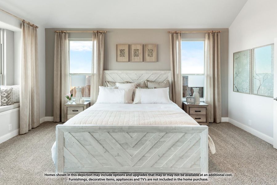 Bedroom with whitewashed wood bed frame, neutral carpet, and two windows with linen curtains Bedroom with whitewashed wood bed frame, neutral carpet, and two windows with linen curtains