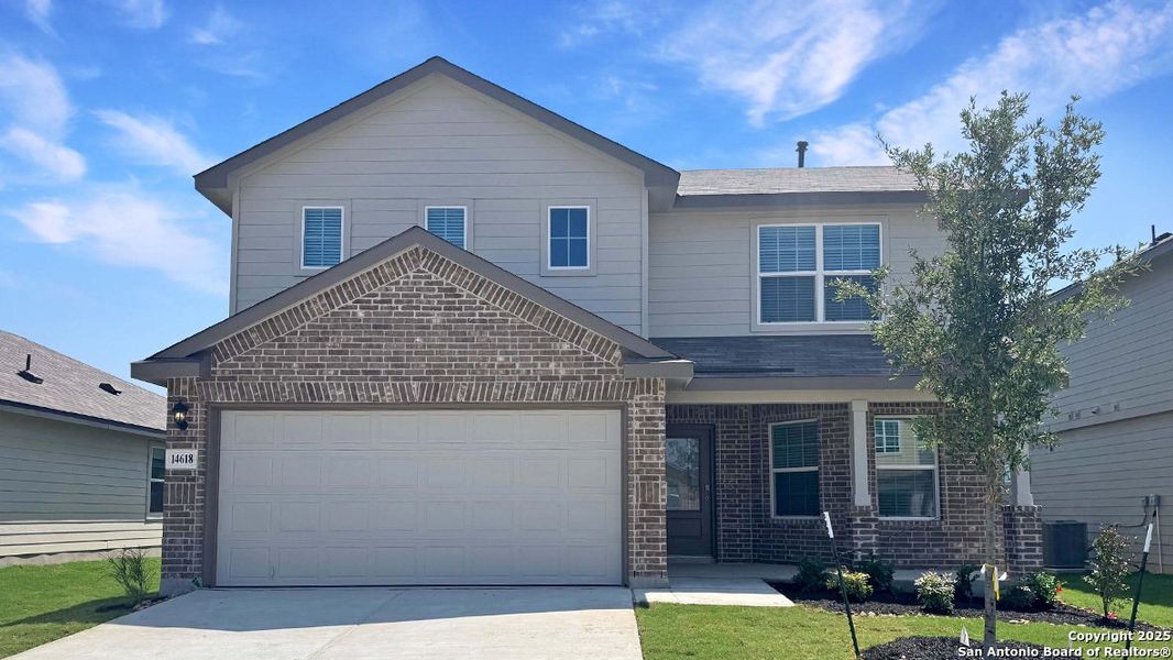 Front exterior of a new home in Riverstone at Westpointe, San Antonio, TX, highlighting curb appeal (Image 1). Front exterior of a new home in Riverstone at Westpointe, San Antonio, TX, highlighting curb appeal (Image 1).