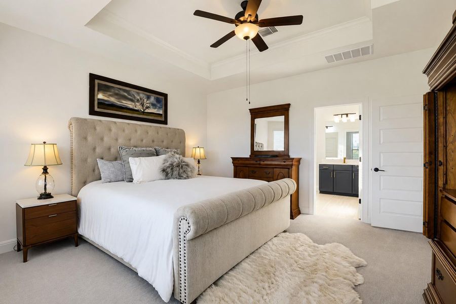 Elegant primary bedroom offers a spacious tray ceiling and direct access to a well-appointed private bath. Elegant primary bedroom offers a spacious tray ceiling and direct access to a well-appointed private bath.