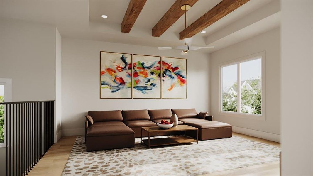 Second Floor Game Room with a Coffered Ceiling and Boxed Beams.