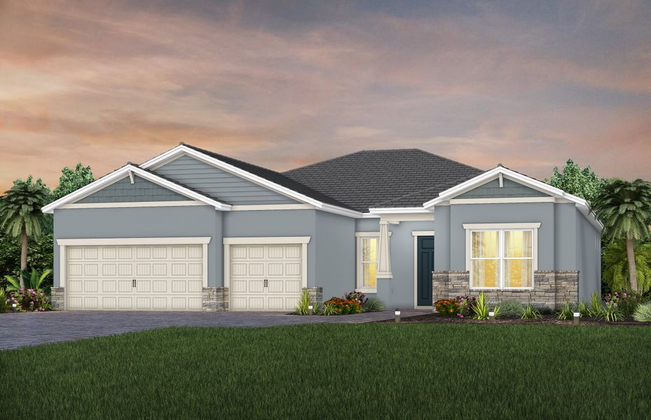Front exterior of a new home in Del Webb Oak Creek, North Fort Myers, FL, highlighting curb appeal (Image 30).