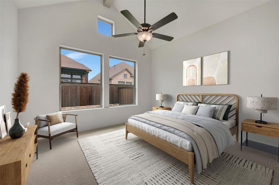 Vaulted ceiling bedroom featuring ample natural light from multiple windows