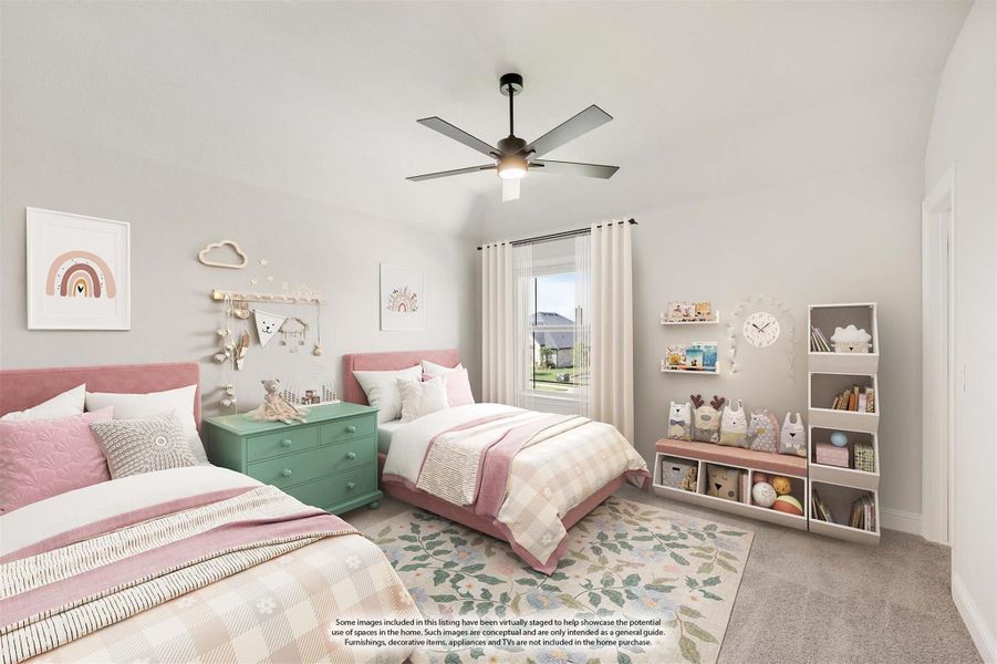 Children's bedroom with two pink beds, ceiling fan, toy shelves, and carpet flooring