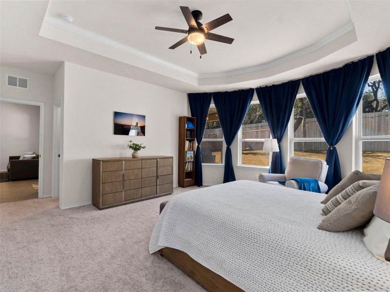 Bedroom with crown molding, carpet flooring, ceiling fan, and a tray ceiling