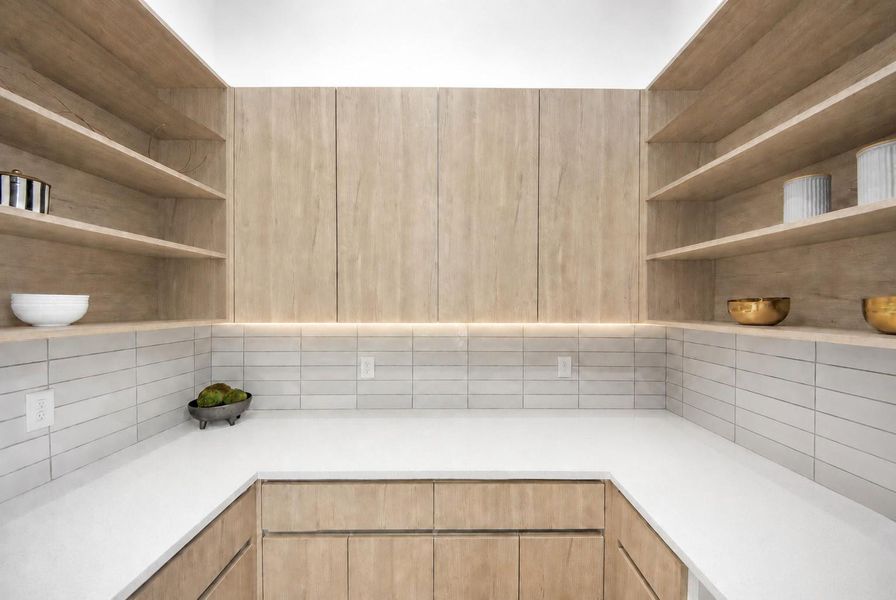 Spacious walk-in pantry with abundant built-in shelving, cabinetry, and counter space.