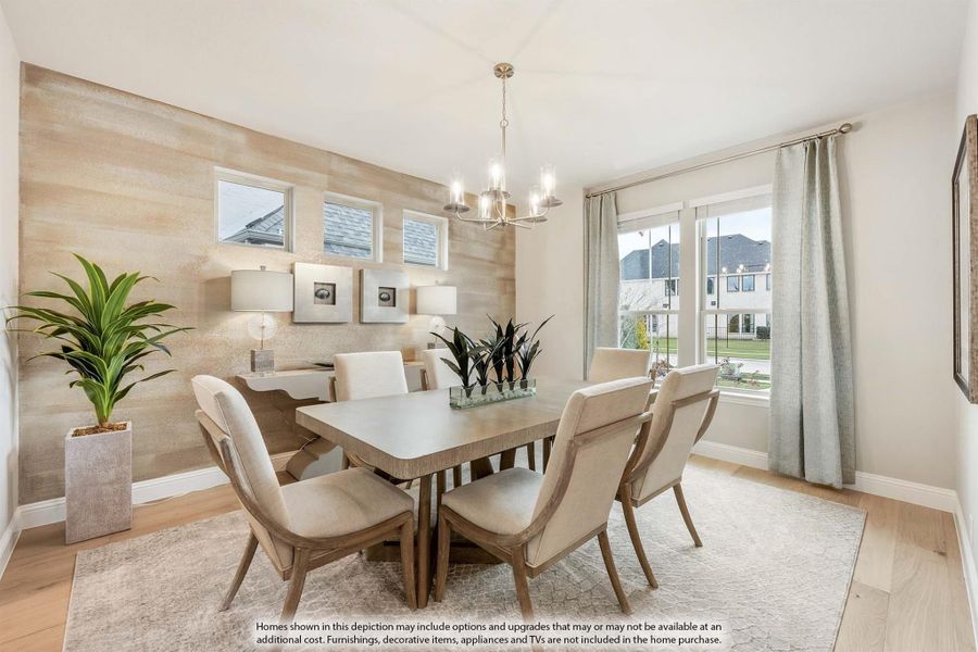 Dining room with wood accent wall, chandelier, six-seat table, and sliding glass door to backyard
