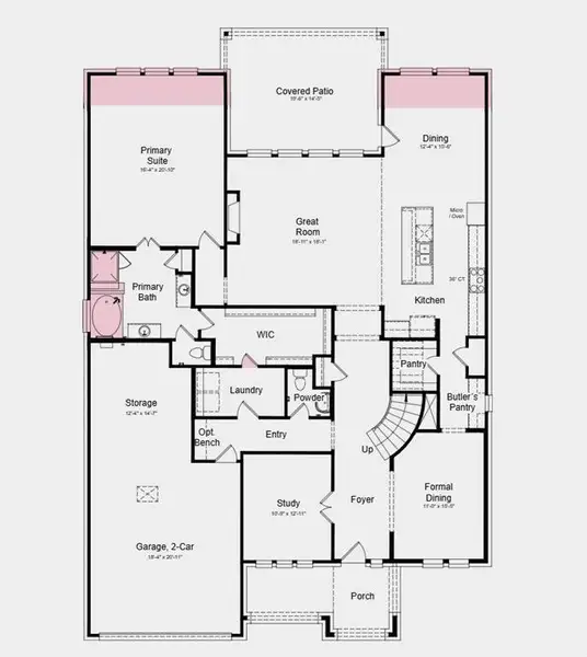 First Floor Plan - Additional Highlights Include: drop-in tub in the primary bathroom, door from the primary closet to the laundry room, and a balcony added upstairs