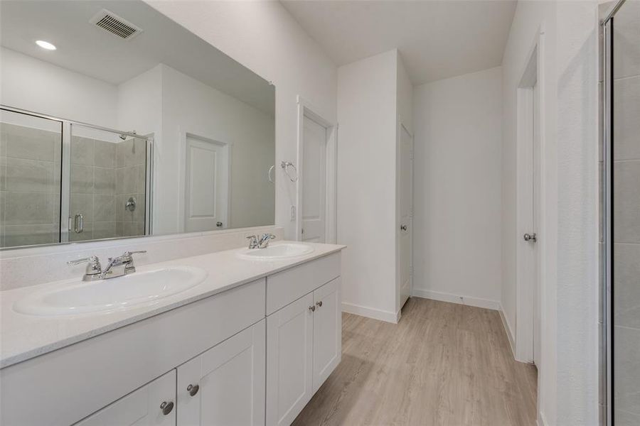 Bathroom with wood-type flooring, vanity, and a shower with shower door