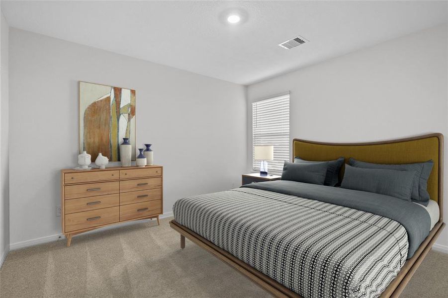 Secondary bedroom features plush carpet, custom paint, large window with privacy blinds, and ample closet space.