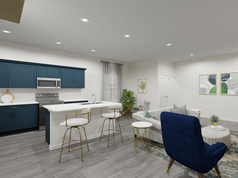 Open kitchen with counter-height island with features and finishes hand-selected by our design professionals. (Artists` rendering of the Donatella)