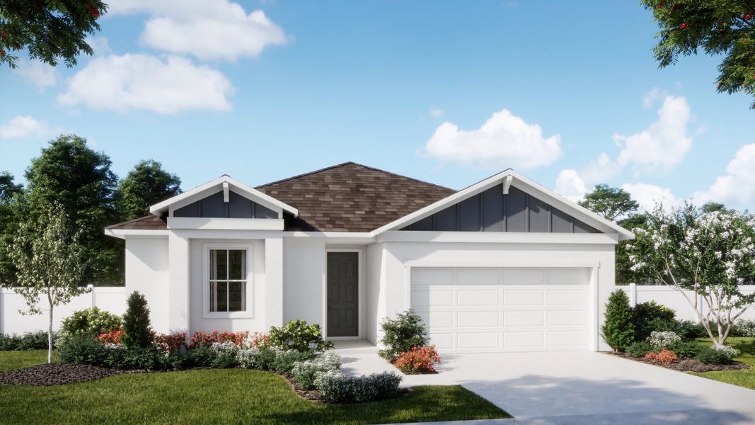 Representative exterior photo of a completed home built from the Dune by Risewell Homes in Trinity Gardens, Deland, FL (Image 2). Representative exterior photo of a completed home built from the Dune by Risewell Homes in Trinity Gardens, Deland, FL (Image 2).