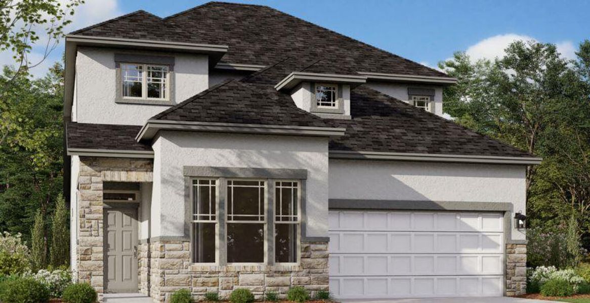 Front exterior of a new home in Cascades at Onion Creek, Austin, TX, highlighting curb appeal (Image 1). Front exterior of a new home in Cascades at Onion Creek, Austin, TX, highlighting curb appeal (Image 1).