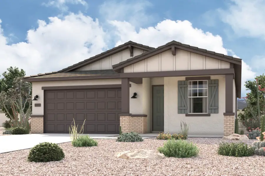 Front exterior of a new home in Palomino Ranch, Maricopa, AZ, highlighting curb appeal (Image 1). Front exterior of a new home in Palomino Ranch, Maricopa, AZ, highlighting curb appeal (Image 1).