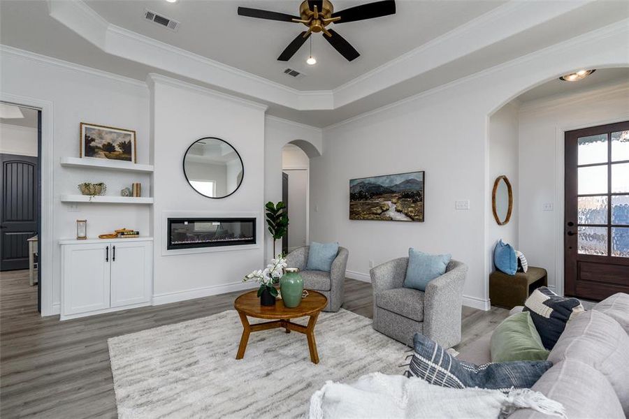 Built-ins and fireplace in the living room.