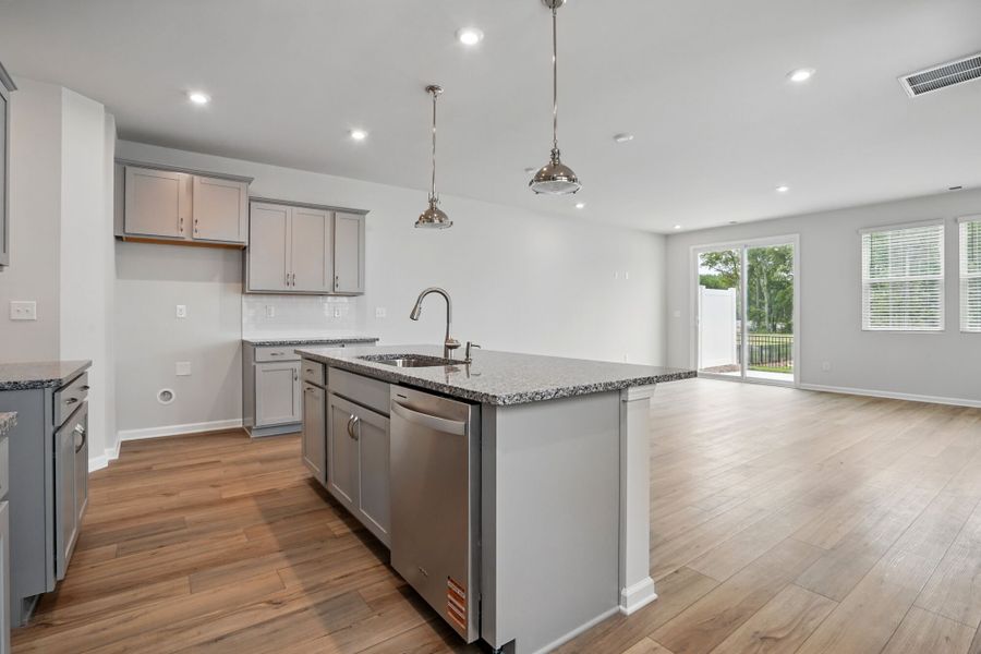 Kitchen with great room beyond