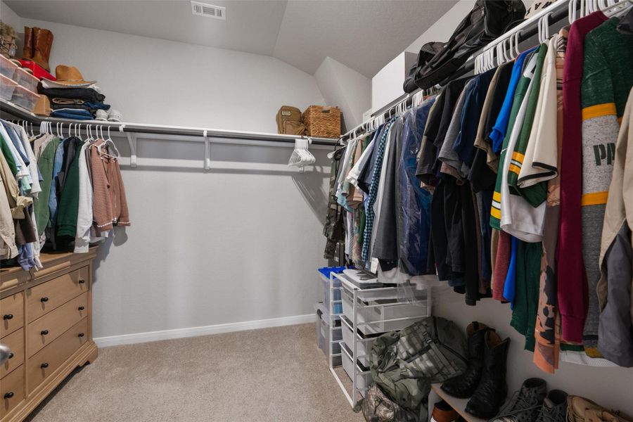 Walk-in closet featuring carpet flooring, built-in shelving, and a combination of hanging rods Walk-in closet featuring carpet flooring, built-in shelving, and a combination of hanging rods