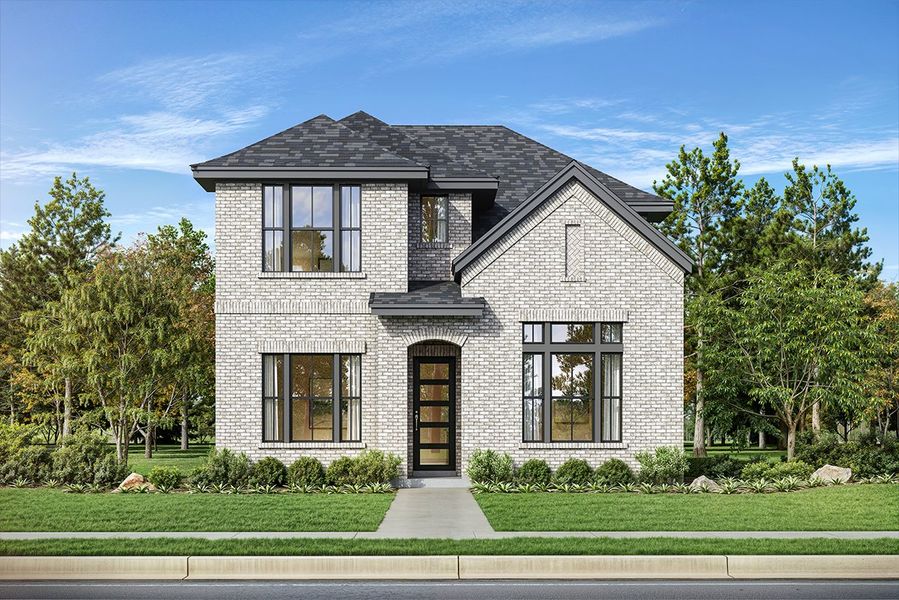 Representative exterior photo of a completed home built from the Calero by Landon Homes in Fields - East Village, Frisco, TX (Image 2). Representative exterior photo of a completed home built from the Calero by Landon Homes in Fields - East Village, Frisco, TX (Image 2).