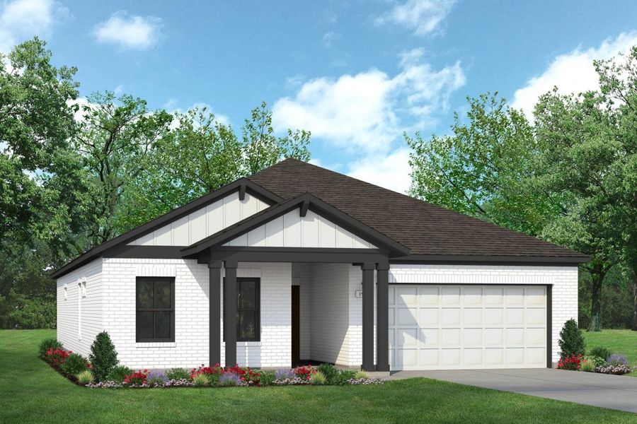 Rendering of one story home with white board and batten, brick, and garage, with black accents, and a driveway and landscaping Rendering of one story home with white board and batten, brick, and garage, with black accents, and a driveway and landscaping