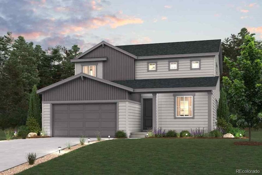 Front exterior of a new home in Floret Collection at Parkdale Commons, Erie, CO, highlighting curb appeal (Image 1).