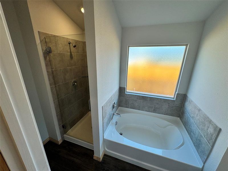 Full bath with a garden tub, a shower stall, and dark wood-style floors