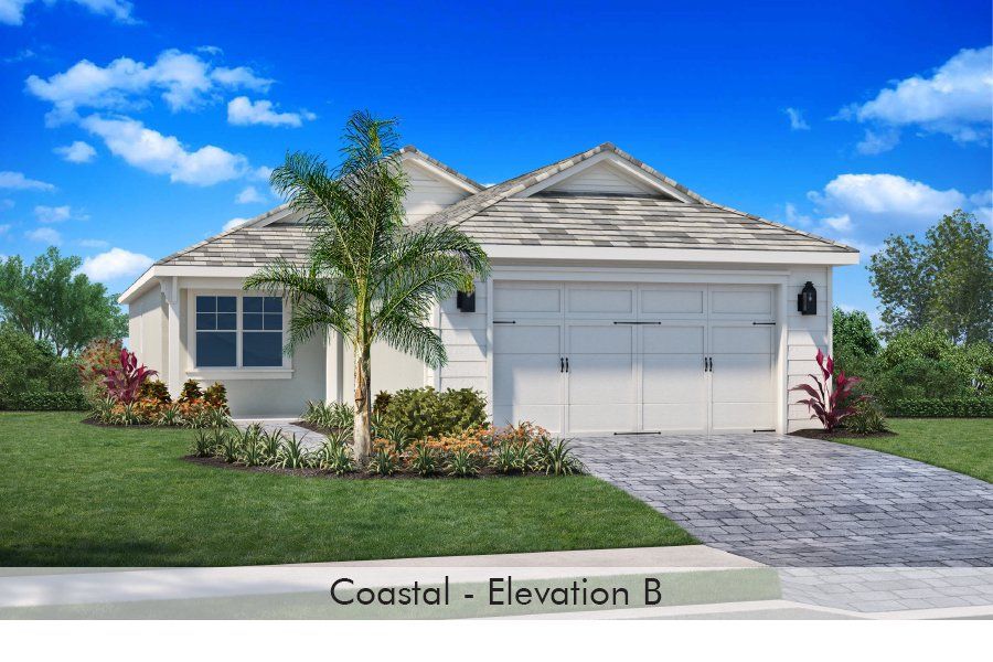 Representative exterior photo of a completed home built from the Mooring by Homes by Towne in Shellstone at Waterside, Sarasota, FL (Image 14). Representative exterior photo of a completed home built from the Mooring by Homes by Towne in Shellstone at Waterside, Sarasota, FL (Image 14).